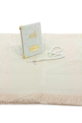 ihvan online Taffeta Fabric Muslim Prayer Rug, Velvet Covered Yaseen Surah Pocket Size Book, Prayer Beads Set with Kraft Boxed, Dowry Box for Men & Women, Islamic Ramadan Eid & Wedding Gifts, White - color: White
