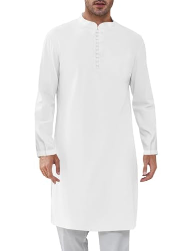 Runcati Mens Kaftan Thobe Button Down Henley Shirts Robe Long Sleeve Casual Cotton Linen Muslim Gown Shirt - color: White, size: XX-Large