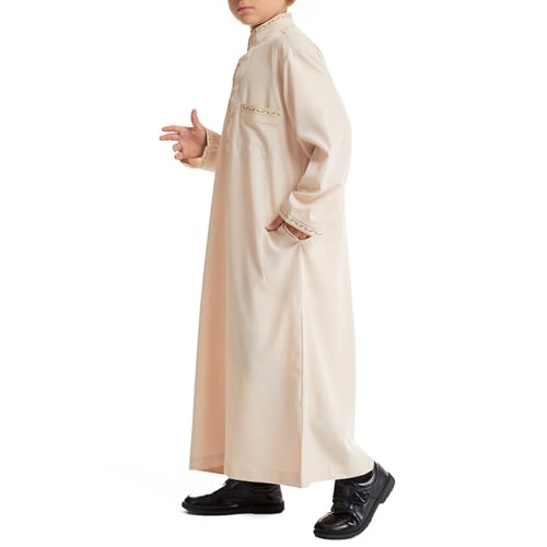 Muslim Thobe for Boys Islamic Thobe Long Sleeve Kaftan Stand Collar Button 𝐑obe Kids Ramadan Eid Outfit Prayer Clothes - color: Beige, size: 5-6X