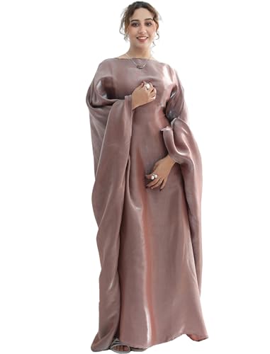 Dubai Bat Sleeve Dress Shiny Robe for Women Muslim 1pc Abaya Eid Prayer Clothes Soft Dubai Travel Party Dress Maxi Abaya - color: Dried Rosea, size: Medium