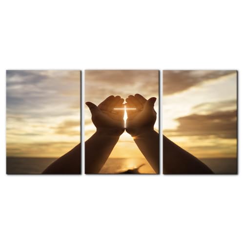 Pacimo Canvas Wall Art, Set of 3 Framed Art Prints, Jesus Hands Prayer Painting, Christian Crosses Print on Canvas Set, Sunset Modern Wall Decor for Bedroom Living Room Office Decor - 20"x28"x3 - color: Wallart-05, size: 20"x28"x3 Panels