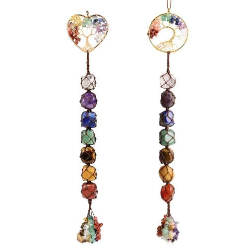 2 Pieces of 7 Chakras Healing Crystals and Tree of Life Wall Hanger Tumbled Gemstones Meditation Hanging Ornament Christmas Tree Memorial Hanging Pendant (Style 4) - color: A-style 22
