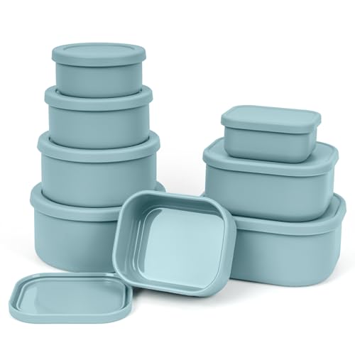 100% Silicone Food Storage Containers with Lids, 8 Pack, 10oz to 51oz, Reusable Leakproof Nesting & Stackable Silicone Bento Lunch Box, Microwave Freezer Dishwasher Oven Safe, BPA Free, Slate Green - color: Slate Green | 8 Pack