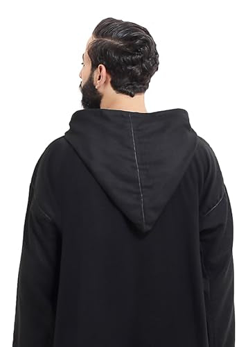 Moroccan Men Djellaba with Hood – Handmade Winter Jellaba Cotton Kaftan with Delicate Embroidery, Caftan Fits L–XL - color: Black