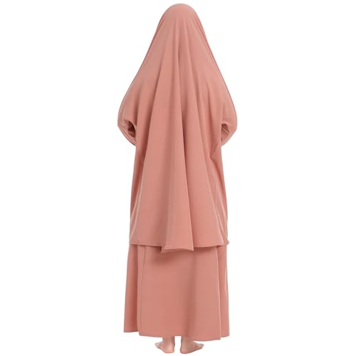 Kids Girls Muslim Islamic Two-piece Outfits Lace Long Sleeve Hijab Dress Abaya and Loose Skirt Full Cover Kaftan - color: Light Pink, size: 5-6 Years