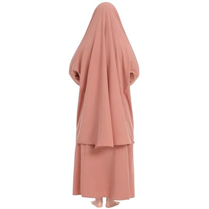 Kids Girls Muslim Islamic Two-piece Outfits Lace Long Sleeve Hijab Dress Abaya and Loose Skirt Full Cover Kaftan - color: Light Pink, size: 7-8 Years