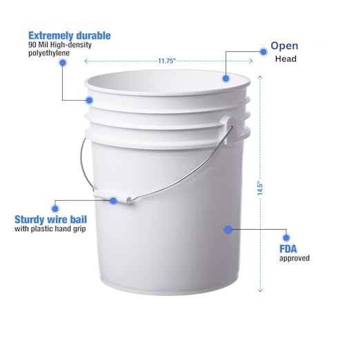 5 Gallon Food Grade Plastic Bucket, Open Head Pail with Handle, 12-3/8 in Diameter x 14-3/4 in Height (White, 2 Pack) - color: White, size: 2 Pack
