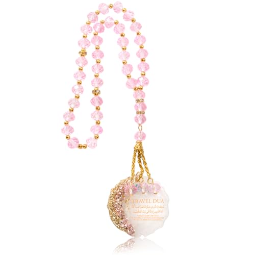 Ayatul Kursi for Car - Islamic Car Hanging, Pink Gold Islamic Travel Dua Rear Mirror Charm Accessories, Allah Quran Turkish Prayer Mirror Hanger, Muslim Crystal Beads Hanging Gifts for Women (Pink) - color: Pink