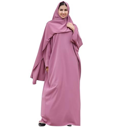 IDOPIP Abayas for Women Muslim Dress with Hijab, One-Piece Long Sleeve Islamic Prayer Dress with Khimar Jilbab Kaftan Clothes - color: Purple + Hijab