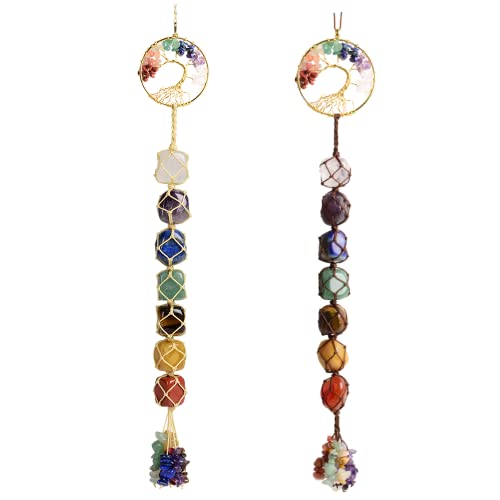 2 Pieces of 7 Chakras Healing Crystals and Tree of Life Wall Hanger Tumbled Gemstones Meditation Hanging Ornament Christmas Tree Memorial Hanging Pendant (Style 2) - color: A-style 20