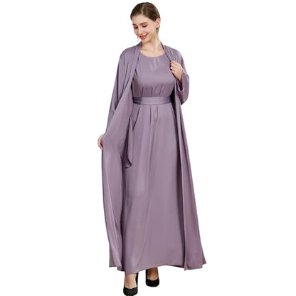 Islamic Abaya Dress for Women Muslim Maxi Abayas 2pcs Silky Fashion Dress Set Daily Kaftan Jilbab Outfit Women Eid Robe - color: Purplea, size: Large