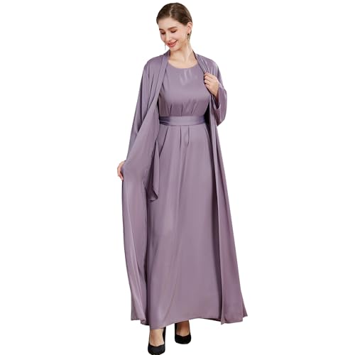 Islamic Abaya Dress for Women Muslim Maxi Abayas 2pcs Silky Fashion Dress Set Daily Kaftan Jilbab Outfit Women Eid Robe - color: Purplea, size: X-Large