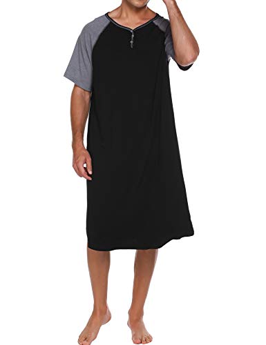 Ekouaer Sleepwear Men's Nightshirt Short Sleeve Pajamas Comfy Big & Tall Henley Sleep Shirt M-XXXL - color: Black With Light Grey, size: 3X-Large