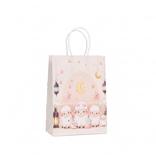 Eid Mubarak Gift Bags 12 Pack – Ramadan Party Favor Bags with Handles, Kraft Paper Candy Treat Bags, Islamic Moon Star Design for Eid Party Supplies