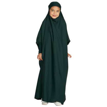 ODIZLI Muslim One Piece Prayer Hijab Dress Women Hooded Abaya Full Cover Islam Dubai Modest Robe - color: Dark Green Kids, size: 12-13 Years