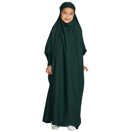 IDOPIP Muslim Dress for Girls One Piece Long Sleeve Islamic Prayer Dress with Hijab Casual Maxi Kaftan Abaya Gown Clothes - color: Green, size: 6-7 Years