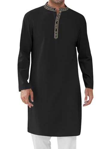 Runcati Mens Cotton Kaftan Robe Long Sleeve Button Down Henley Shirts Thobe Casual Side Split Gown Shirt - color: Black, size: XX-Large