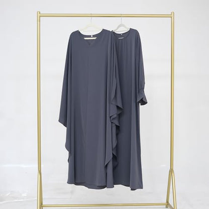 2PCS Women's Muslim Abaya Dress Lace Cuffs Islamic Dubai Prayer Robe Smooth Flowy Muslim Women Clothes - color: Dark Gray, size: X-Large