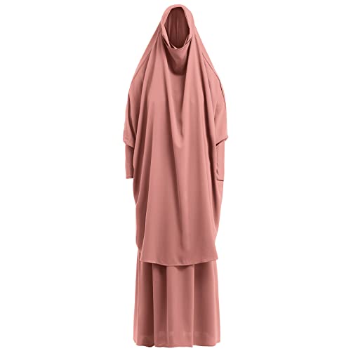 Prayer Clothes for Muslim Women Islamic Abaya Suit Maxi Skirt + Khimar Hijab 2pcss Burka Jilbab Kaftan - color: Pink