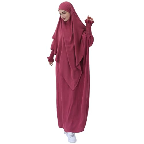 khalat Womens Muslim Prayer Dress Front Zipper Kaftan Islamic Robe Modest Solid Abayas for Women Muslim - color: Dark Red+hijab