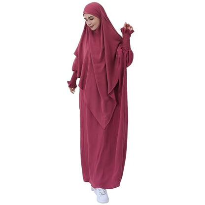 khalat Womens Muslim Prayer Dress Front Zipper Kaftan Islamic Robe Modest Solid Abayas for Women Muslim - color: Dark Red+hijab