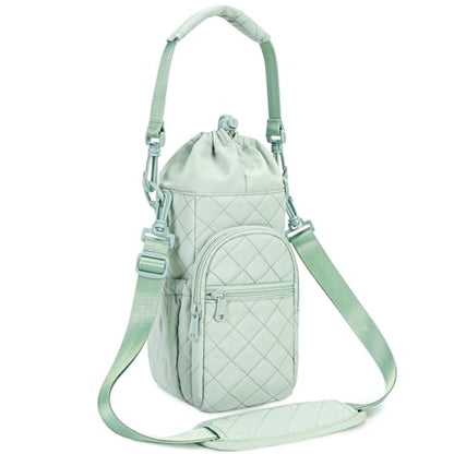 sportsnew 40oz Insulated Crossbody Water Bottle Bag Gym Hiking Phone Pocket | Water-resistant Lining, Padded Strap, Top Handle, Drawstring, Phone Pocket, Elastic Slots, Built-In Key Clip for Gym Walking - color: Quilt Green