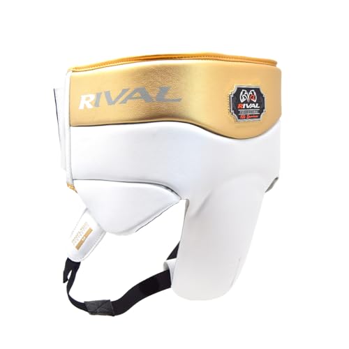 RIVAL Boxing RNFL100 Professional No-Foul Groin Protector with Laces, Dual Waist Straps, Ultra-Lightweight Construction, and Super-Rich Microfibre PU - color: White/Gold, size: X-Large
