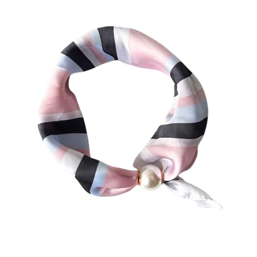 Women’s Silk Pearl magnetic buckle Scarf with Charm Buckle Satin Square Scarf for Neck Retro Floral Print，hair band - color: 01-106