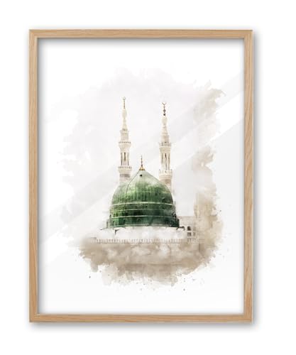 iHery 12x16in Natural OAK Wood Framed Al-Masjid an-Nabawi Wall Art | Beige Watercolor Medina Green Dome Canvas Print, Islamic Faith Decor for Bedroom Living Room, 1Pack - color: OAK Framed Masjid, size: 16"L x 12"W
