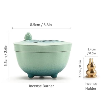 Zen Incense Burner with Lotus Lid Design (Lake Blue), Ceramic Incense Holder for Bakhoor, Stick, Powder, Cone, Coil, and Tower Incense, Home Fragrance Decor