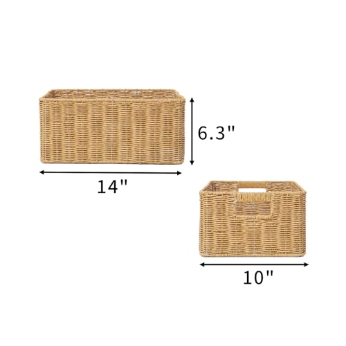 YRMT Rattan Storage Basket Pantry Basket with Built-in Handles Wicker Basket for Organizing Shelves Waterproof Woven Basket Nature (14"x10"x6.3") - size: 14"x10"x6.3"