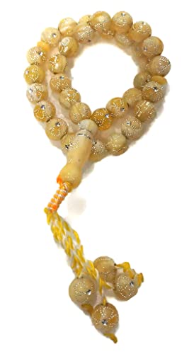 Muslim Tasbih 33 Prayer Bead Rosary AMN-312 Islam Praying Misbaha Beautiful Design 10 mm. Islamic Religion Subha Sibha Eid Ramadan Gift (Beige) - color: Beige