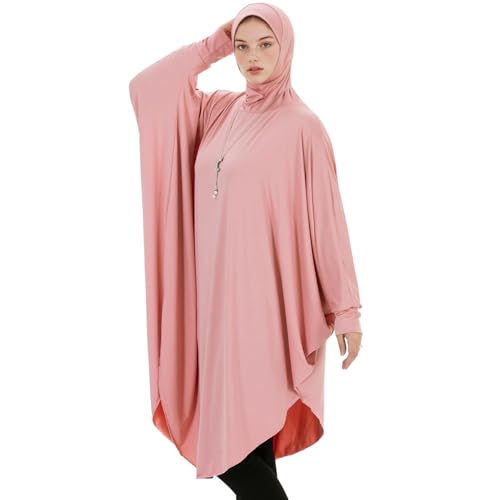 Muslim Abaya Dress for Women Highly Stretchy Batwing Hooded Prayer Hijab - color: Dark Pink, size: Medium