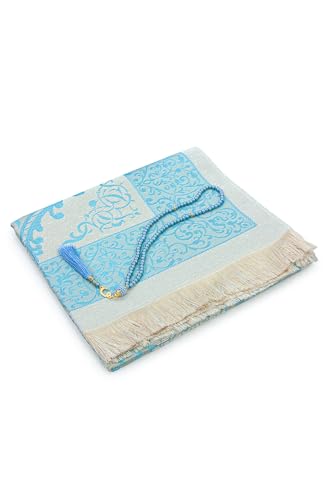 ihvan online Muslim Prayer Rug with 99 Beads Tasbih & Travel Bag, Soft Taffeta Sajadah, Lightweight & Foldable Janamaz, Portable Prayer Mat, Islamic Gift for Eid, Ramadan, Hajj & Umrah, Blue - color: Blue