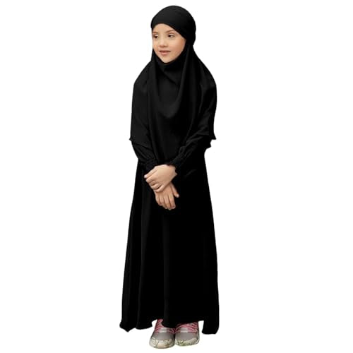 Muslim Dress for Girls Prayer Abaya with Hijab Toddler Islamic Cardigan Clothes Kaftan Robe Maxi Dresses Ramadan - color: 3-black, size: 7-8 Years