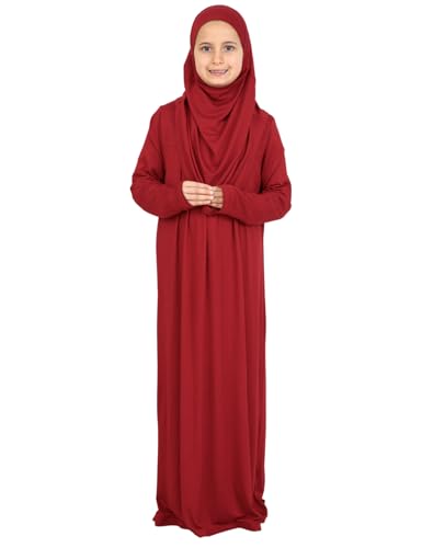 Prien Kids Muslim Prayer Dress With Hijab & Pouch, Soft Viscose Abaya For Girls, Islamic Clothes, Robe For Eid, Ramadan - color: Burgundy