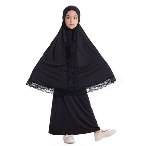 Girls Muslim 2 Piece Outfits Long Sleeve Prayer Full Cover Lace Hijab Dress Outfit Teen Soft Breathable Elastic Hooded - color: Black, size: 9-10 Years