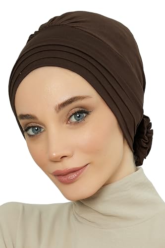 Aisha's Design Instant Turban Head Wraps for Women, Combed Cotton Scarf Lightweight Pre tied Hijab with Back Rose Detail - color: Brown