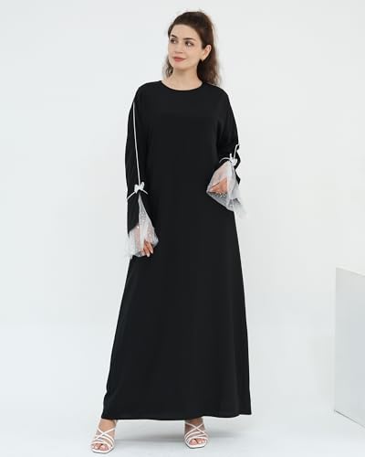 Luxury Black Abaya Dress with Intricate Lace Cuffs Full-Coverage Modest Wear for Muslim Women Elegant Prayer Dress - size: Small