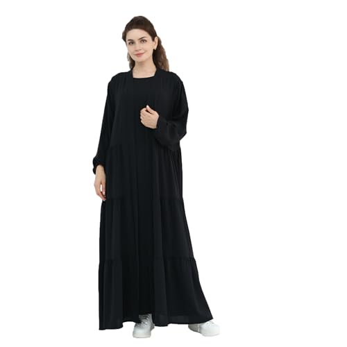 Prlemend Two-Pieces Abaya for Women Muslim Robe with Belt Prayer Dress Set | 2PCs, with Belt, Cake Skirt - color: Black, size: Medium