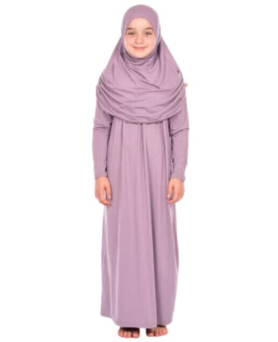 Prien Kids Prayer Dress Muslim Clothes for Girls Long Sleeve Abaya with Hijab Two Piece Maxi Islamic Set Scarf Kaftan Jilbab - color: Lilac