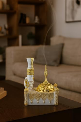 Traditional Janbiya Incense Burner – Gold & White Resin Bakhoor Burner with Dome Design – Arabian Islamic Home Décor – 3.5 x 3.5 x 6 Inches