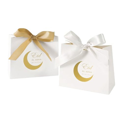 20 Pack Eid Party Favor Box, Eid Moon Candy Box, Ramadan Mubarak Party Goodie Box, DIY Eid Treat Paper Box with Ribbon Bow, Islam Muslim Wedding Festival Candy Box, Chocolate Cookie Souvenir Boxes for Eid Party Supplies Gold Castle Goodie Present Bag - co