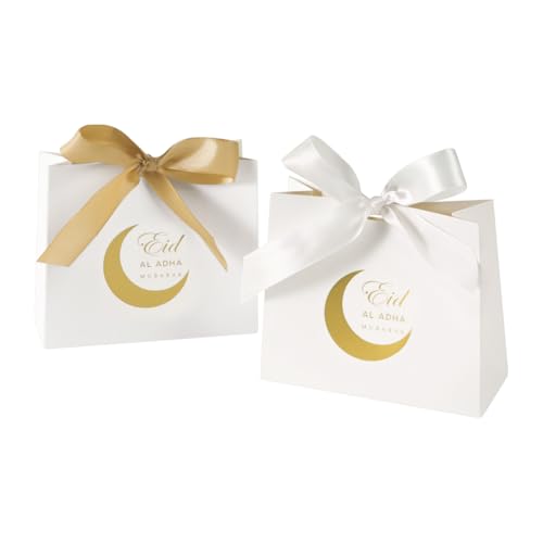 20 Pack Eid Party Favor Box, Eid Moon Candy Box, Ramadan Mubarak Party Goodie Box, DIY Eid Treat Paper Box with Ribbon Bow, Islam Muslim Wedding Festival Candy Box, Chocolate Cookie Souvenir Boxes for Eid Party Supplies Gold Castle Goodie Present Bag - co
