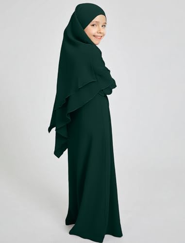 ODIZLI Kids Girls Ramadan Abaya Muslim Long Sleeve Hijab Chiffon Dress Dubai Kaftan with Pockets - color: Dark Green, size: 5-6 Years