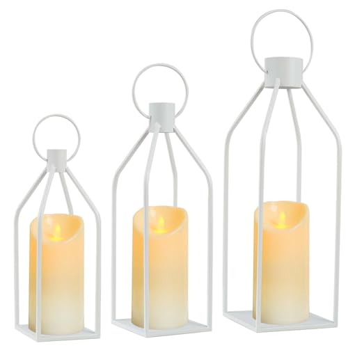 Decorative Lanterns Set of 3 - 19/16/13 Inch White Metal Indoor Lanterns Decorative with Flickering LED Candles, Front Entrance Decor for Farmhouse Wedding Christmas Home Decor - color: White, size: Set of 3 ( 19" 16" 13" )