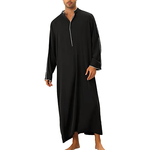 Men’s Thobe Muslim Islamic Robe Kaftan Long Sleeve Jubba Arabic Gown Ramadan Eid Prayer Ethnic Dress A9 - color: Black, size: Medium