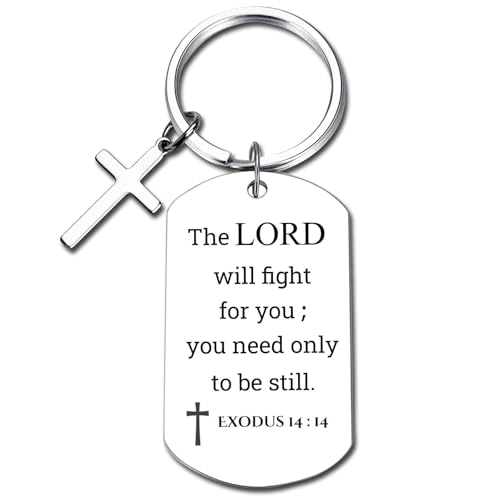 GiftYou Inspirational Scripture Metal Key Chains with Cross Pendant - Bible Verse Keychain Religious Gift for Christian - color: Exodus 14:14