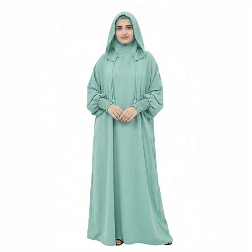 Abaya Muslim Dress Women Prayer Dress Long Sleeve Hooded Loose Maxi Dress Arabian Dubai Islamic Clothes - color: Celadon