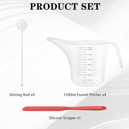 4 Pack 1500ml/50oz Long Spout Funnel Pitcher with Stirring Rods – Measuring Cups for Resin, Paint, Epoxy, Crafts, Soap Making, Durable and Easy to Pour, Great for Mixing, Measuring, Transfer Tasks
